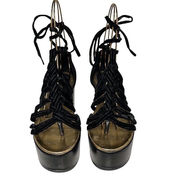 Chanel Interlocking CC Logo Wood Platform Velvet Gladiator Sandal EU 39 US 8-8.5 - Picture 2 of 11